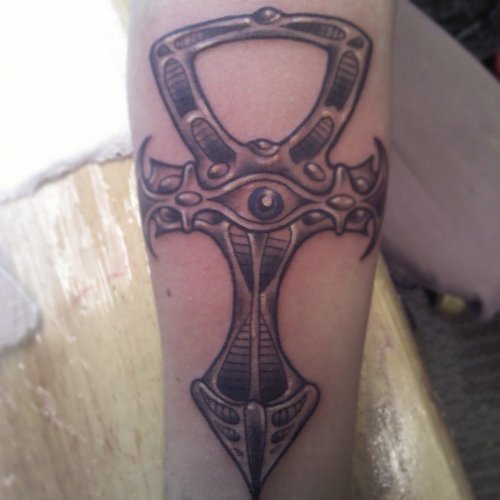 Grey Ink Ankha Eye of Horus Tattoo On Arm